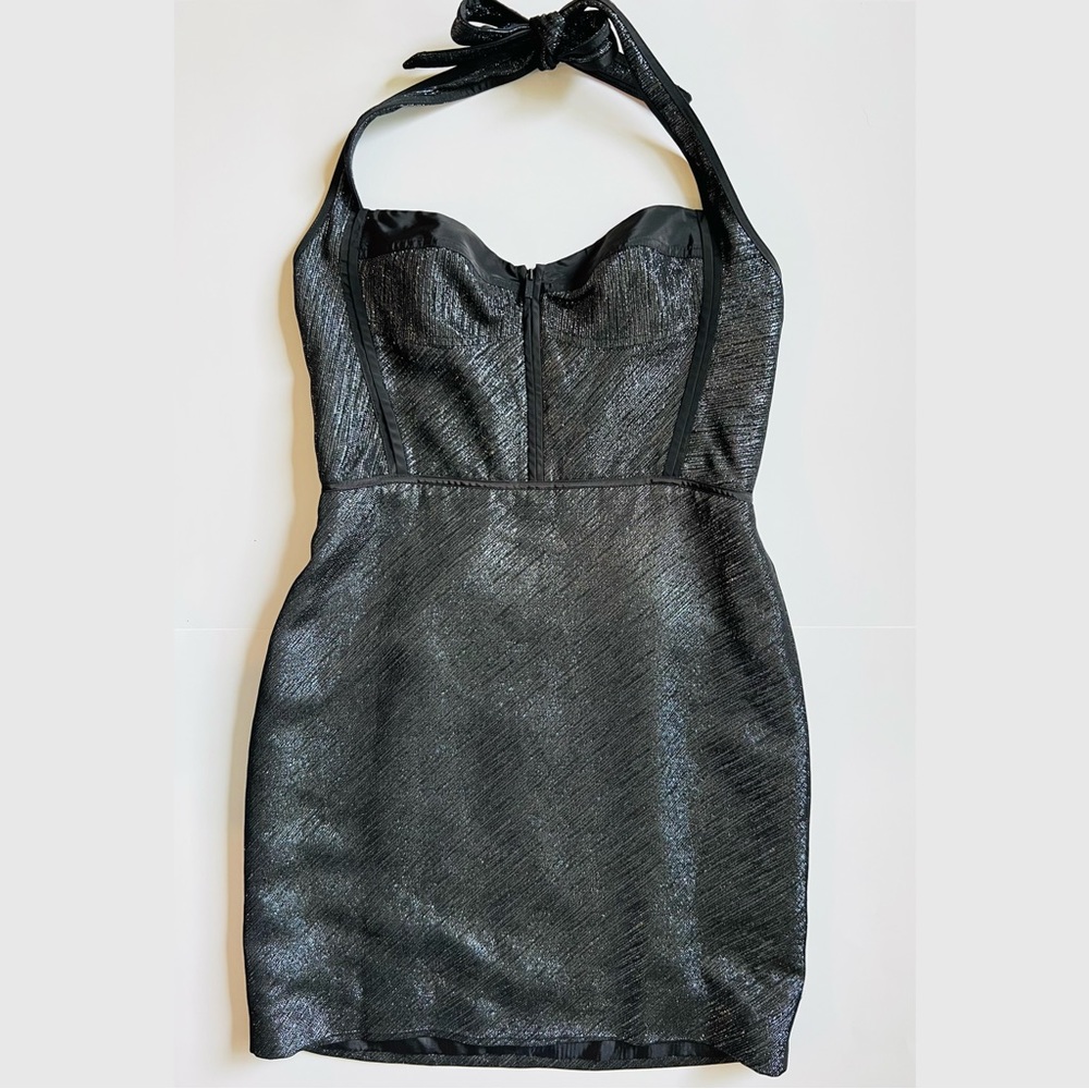 ⭕️SOLD⭕️ZAC POSEN Z-SPOKE BLACK METALLIC HALTER MINI DRESS SIZE 10 - Picture 3 of 11